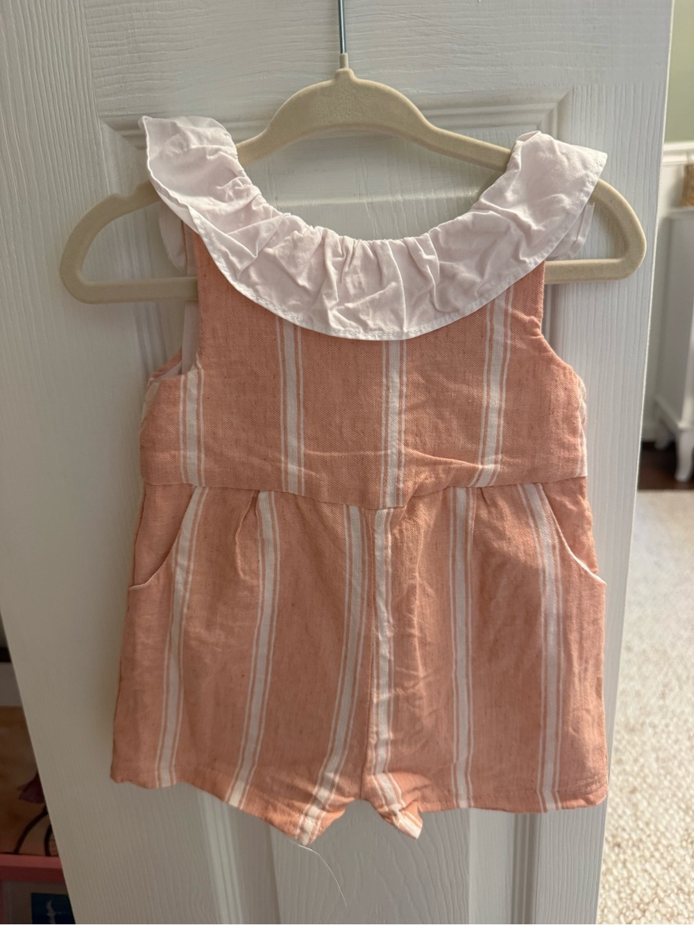 Rare Editions Peach and White Striped Tank Romper with Ruffle Collar